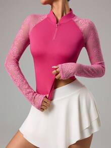 CourtClass Women's Contrast Lace Raglan Sleeve Zip-Up Golf Polo Shirt - Hot Pink - View 4