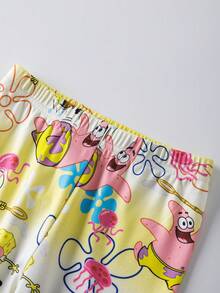 SpongeBob SquarePants | SHEIN 2 sztuki/zestaw chłopięcy, kreskówkowy, graficzny, z okrągłym dekoltem, długim rękawem, top i spodnie, dzianinowy, wygodny, swobodny, elastyczny komplet piżamowy - Żółty - Zobacz 5
