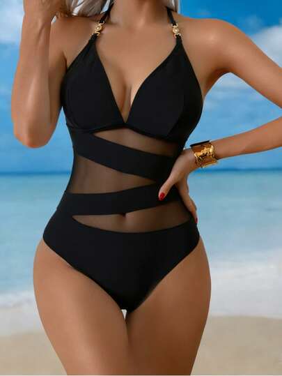 Swim Lushoire 女士性感连体泳衣，金属装饰，V领和透视拼接设计，适合海滩度假