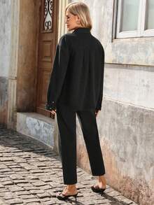 Elenzga 女士黑色长袖单排扣牛仔外套和牛仔裤休闲套装 - 黑色 - 查看 2