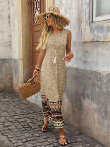 Brillora 休闲简约度假风波西米亚优雅复古卡其色亚麻印花无袖中长连衣裙，适合春夏穿着，舒适百搭。 - 彩色 - 查看 6