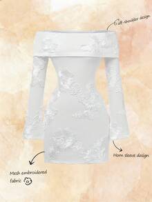 SHEIN Franclia 优雅纯色花卉刺绣露肩长袖迷你连衣裙 - 白色 - 查看 4