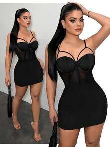 SHEIN SXY Schwarzes Mesh sexy Bustier Bodycon Kleid - Schwarz - Übersicht 1