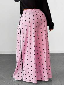 Maweii Pantalones largos de talla grande con estampado de corazón y bloques de color - Rosa - Ver 2