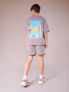 SUMWON Boys Summer Two Piece Crew Neck T-Shirt And Shorts Co-Ord Set With Tropical Palm Tree Print Casual Vacation - Purple - View 1