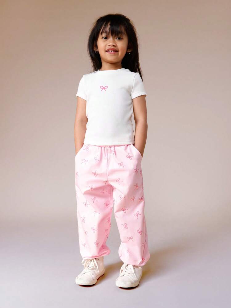 Short Sleeve Tee And Trouser Set With Bow Print