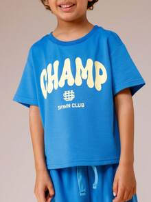 SUMWON Oversized T-Shirt und Shorts Set mit Champ Muster Design für lässigen Alltags-Tragekomfort im Sommer - Blau - Übersicht 5