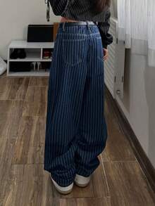 StreetHx Fashionable Casual Street Style Striped Low-Waist Straight Leg Jeans - Medium Wash - View 2
