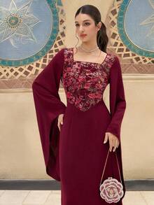 Al Najma 女士亮片拼接方领优雅长袖阿拉伯风格连衣裙 - 紅色 - 查看 1