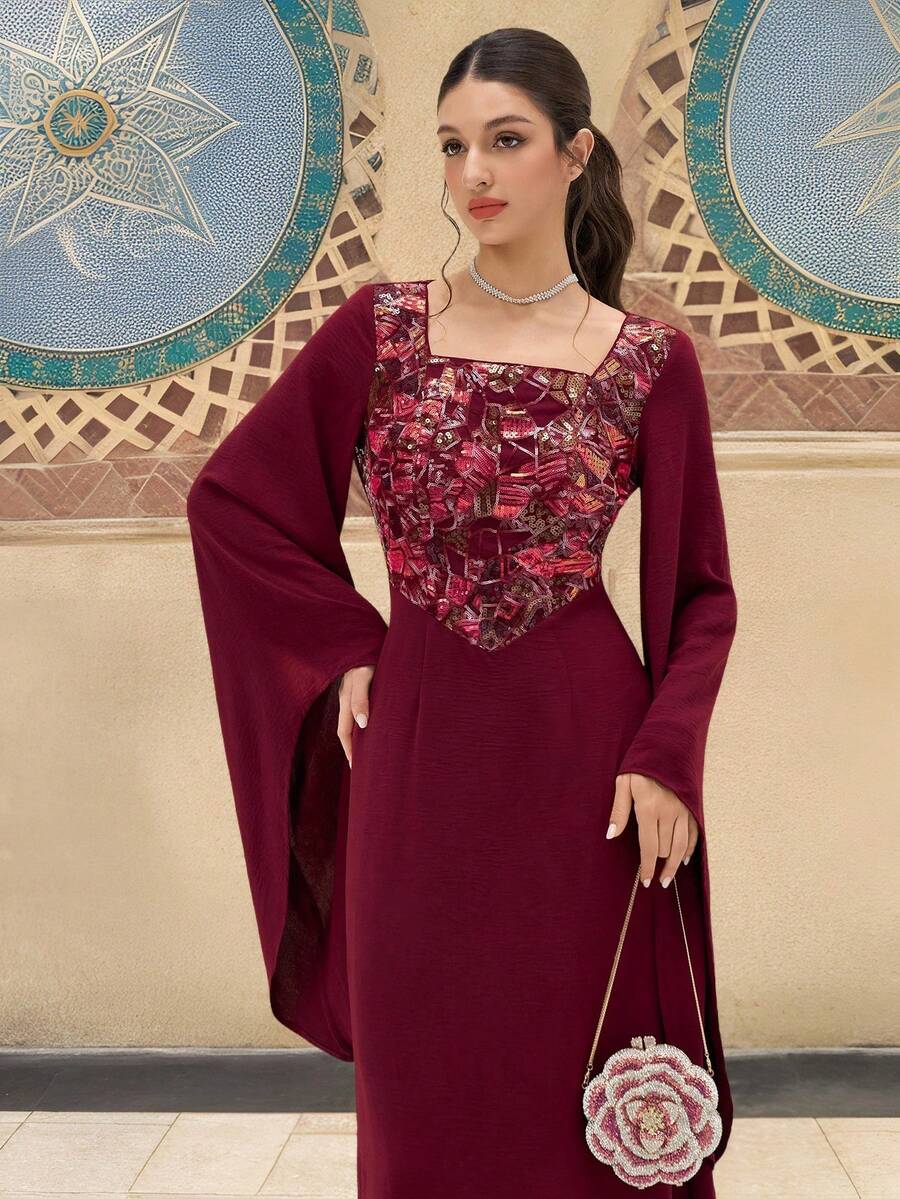Al Najma 女士亮片拼接方领优雅长袖阿拉伯风格连衣裙 - 紅色 - 查看 1