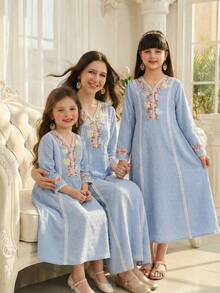 SHEIN 1pc Bowknot Decor Flounce Hem Long Dress, Delicate Ruffle Sleeve Abaya, Sky Blue, Autumn, Elegant, Family Matching Arabian Muslim Thobes For Young Girls - Blue - View 5