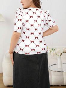 SHEIN Privé 大码夏季休闲蝴蝶结印花泡泡袖T恤 - 紅色 - 查看 2