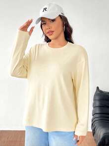 SHEIN EZwear Plus Size Solid Color Round Neck Casual Long Sleeve T-Shirt - Light Yellow - View 3