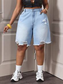 Slaydiva Women's Fashionable Commuter Casual Straight Leg Denim Shorts, Plus Size, Spring & Summer - Light Wash - View 5