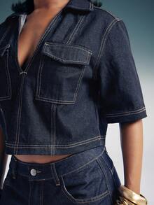 Denimoi Women's Short Sleeve Utility Pocket Loose Casual Denim Blouse - Dark Wash - View 2