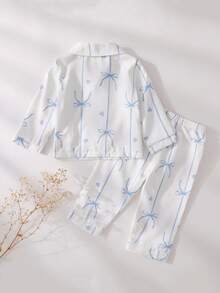 SHEIN 2pcs Baby Girls' Casual Butterfly & Ribbon Print Long Sleeve Top And Pants Homewear Set, Pink Baby Pj Set - Blue and White - View 2