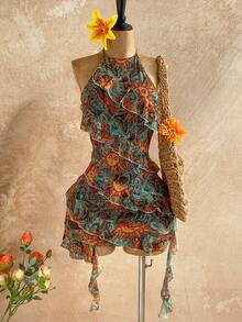 Soleia Women's Vacation Casual Paisley Print Ruffle Trim Backless Halter Mini Dress - Multicolor - View 1