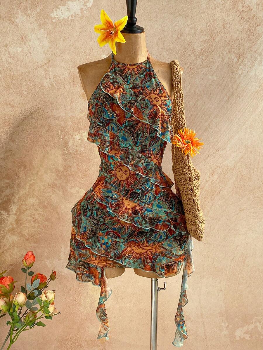 Soleia Women's Vacation Casual Paisley Print Ruffle Trim Backless Halter Mini Dress - Multicolor - View 1