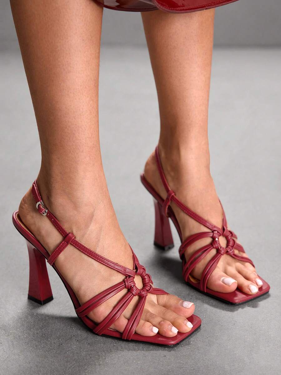CUCCOO SZL Women's Fashion Summer New Lace Up Square Toe High Heel Sandals Spring Shoes Spring Break Easter Prom Heels For Christmas Valentine's Day - Matte burgundy - View 1