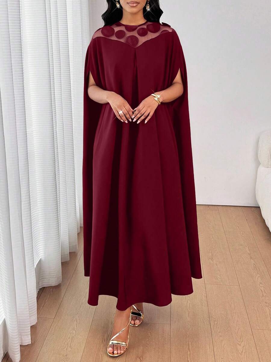 SHEIN Lady 女式拼接圆形亮片网眼蝙蝠袖宽松时尚连衣裙 - 酒紅色 - 查看 1