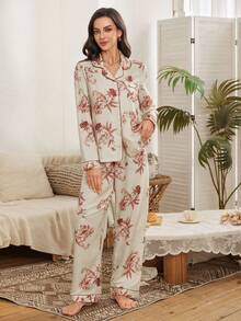 Serenescape Vacation Style Women Floral Print Bubble Collar Cardigan Long Sleeve Pajama Set - Apricot - View 4