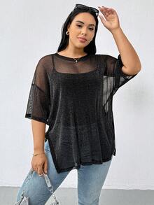 Shapeblank 大码女装春夏时尚休闲宽松舒适日常百搭显瘦亮面透视黑色短袖上衣，夏季穿搭，超大款上衣，外出上衣 - 棕色 - 查看 3