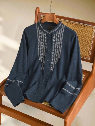 Rusticease 女士印花圆领长袖单排扣休闲衬衫