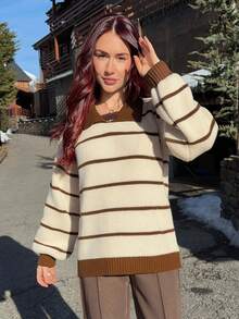 Abrilcols كنزة صوفية كاجوال محبوكة بياقة عالية مخططة باللون المتداخل، خريف/شتاء - متعدد الألوان - مشاهدة 3