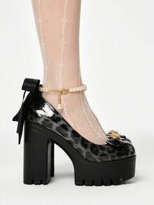 ROMWE Kawaii Giày cao gót nữ thời trang - Màu đen & xám giả da báo đính đá, điểm nhấn nơ đen - Có nơ ruy băng ren đen, quai dép đính ngọc trai giả - Thoải mái, gợi cảm, giản dị cho hộp đêm hoặc ngày Valentine. - màu đen - Xem 4