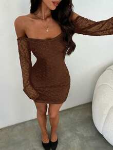 Aloruh Women's Solid Color Off-Shoulder Long Sleeve Fashionable Mini Dress - Brown - View 5