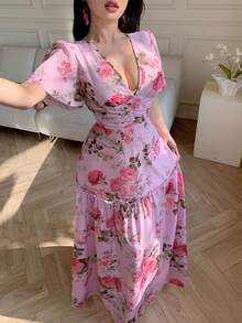 GlowEve 印花V领收腰A字中长连衣裙，优雅度假之选 - 彩色 - 查看 5