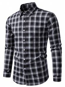 Manfinity Nomadique Men's Plaid Long Sleeve Single-Breasted Casual/Business Shirt Men's Casual Dress Shirt Men Shirts Plaid Black And White Men's Shirt Black And White Dress Shirts For Man Black And White Shirt - Black - View 1
