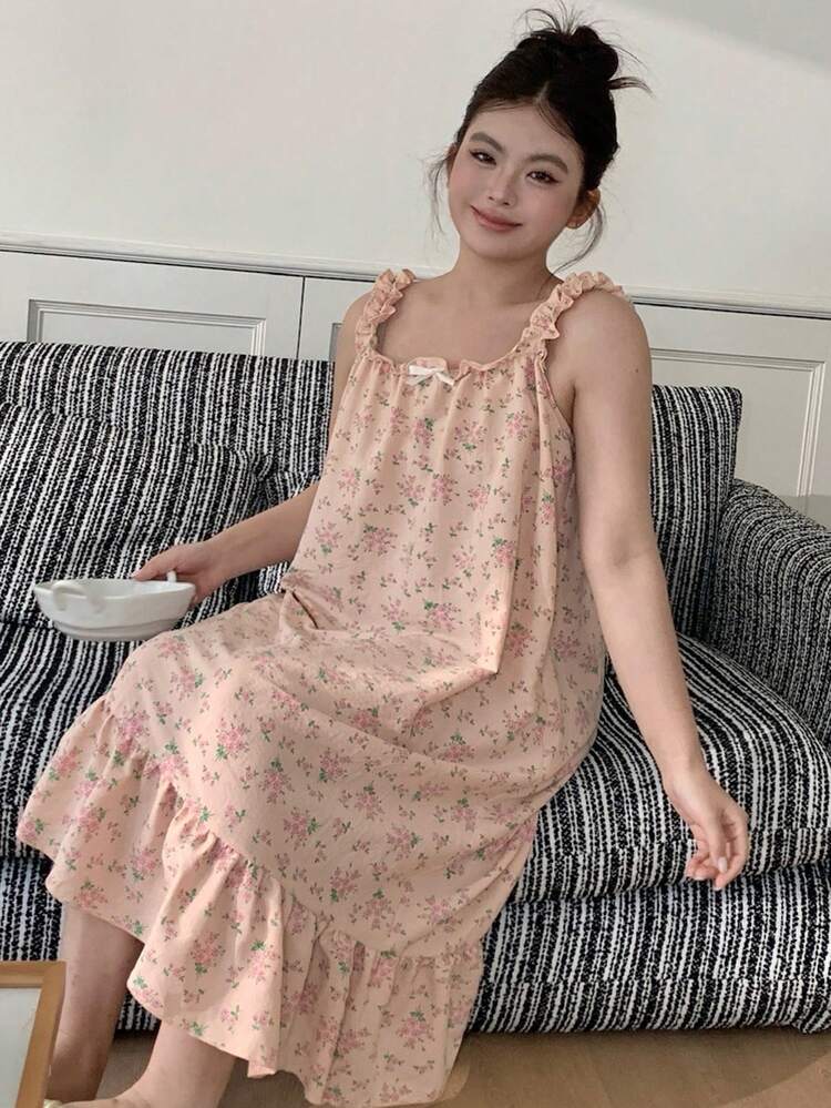 Dazy Plus Ditsy Floral Loose Fit Sleeveless Long Nightgown, Cute Loungewear