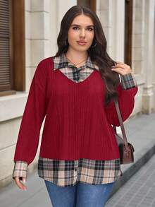 SHEIN LUNE Plus Size Women's Ribbed Knit Plaid Patchwork 2 In 1 Top - Red - View 6
