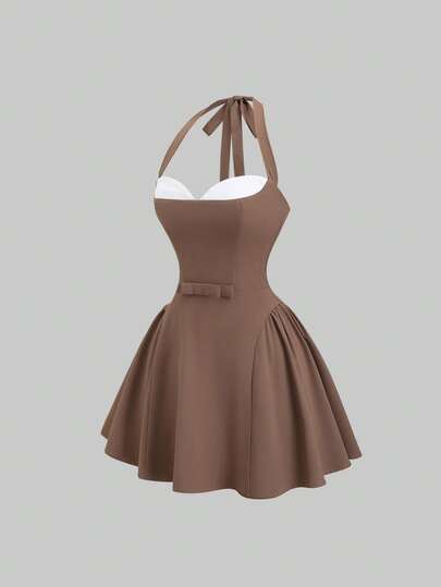 Sweetra Women's Elegant Sexy Low-Cut Halter Tie Waist Romantic Minimalist Color Block A-Line Dress, Fashionable For Outings, Spring/Summer