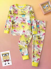 SpongeBob SquarePants | SHEIN 2 sztuki/zestaw chłopięcy, kreskówkowy, graficzny, z okrągłym dekoltem, długim rękawem, top i spodnie, dzianinowy, wygodny, swobodny, elastyczny komplet piżamowy - Żółty - Zobacz 1