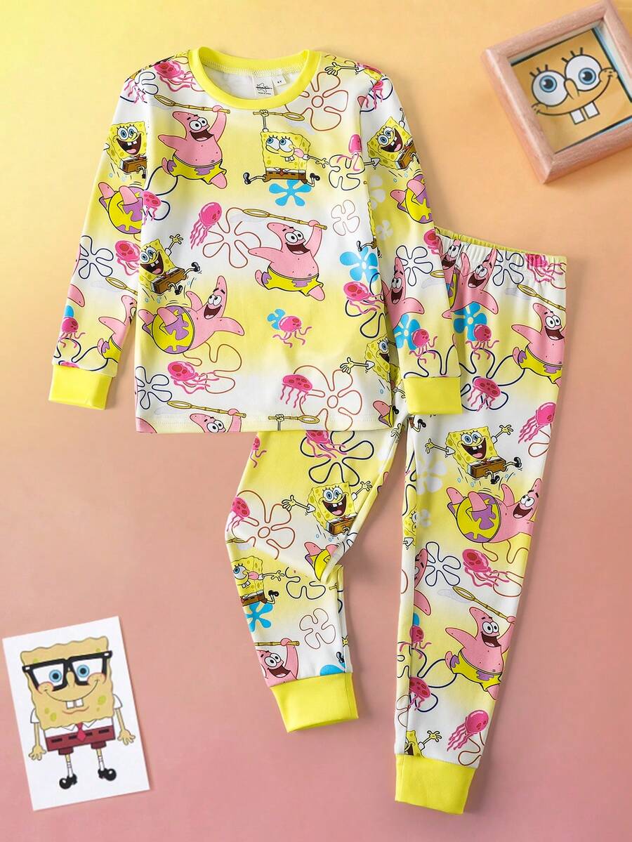 SpongeBob SquarePants | SHEIN 2 sztuki/zestaw chłopięcy, kreskówkowy, graficzny, z okrągłym dekoltem, długim rękawem, top i spodnie, dzianinowy, wygodny, swobodny, elastyczny komplet piżamowy - Żółty - Zobacz 1