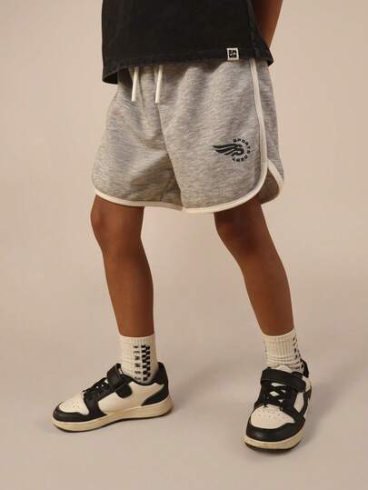  SUMWON Boys Drawstring Waist Runner Shorts With Logo Print For Summer Everyday Play And Sports Activities Casual Vacation