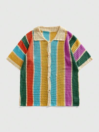 ROMWE MEN Street Life Men's Striped Lapel Single-Breasted Hollow Casual Versatile Daily Wear Knit Short Sleeve Top