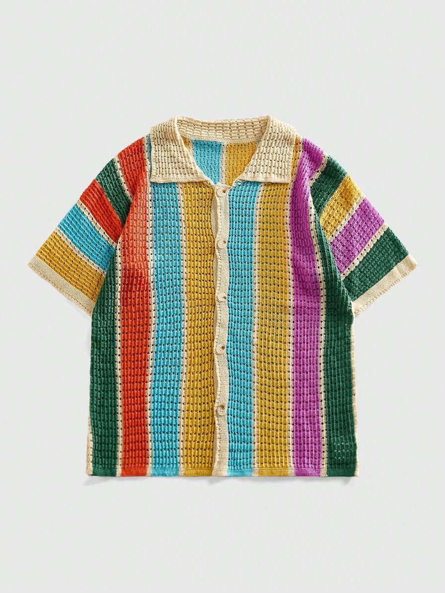 ROMWE MEN Street Life Men's Striped Lapel Single-Breasted Hollow Casual Versatile Daily Wear Knit Short Sleeve Top - Multicolor - View 1
