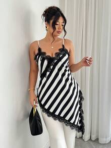Elenzga Áo kiểu Pháp dáng casual dành cho nữ cỡ lớn, không tay, viền ren, in họa tiết sọc, vạt bất đối xứng, thích hợp cho mùa xuân/hè. - Đen và trắng - Xem 1