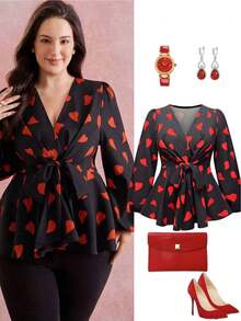 SHEIN Clasi Áo kiểu nữ cỡ lớn thanh lịch, cổ chữ V, in hình trái tim lãng mạn, màu đỏ mùa xuân/thu, thích hợp cho buổi hẹn hò ngày Valentine. Áo in hình trái tim màu đỏ, trang phục phối đỏ đen, áo peplum cho nữ, trang phục Valentine cho phụ nữ. - Nhiều màu - Xem 3