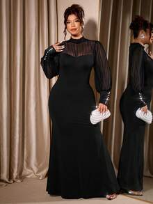 Cravure Christmas Plus Size Women's Elegant Party Knit Vertical Striped Semi-Sheer Sleeve Stand Collar Black Fitted Dress, Autumn - Black - View 8