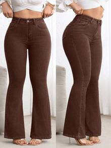 Flexra Plus Size High Waist Slim Fit Flare Leg Washed Dark Blue Jeans - Coffee Brown - View 1