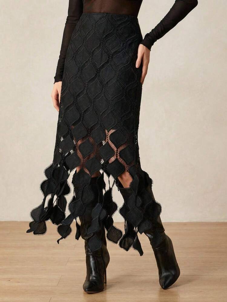 Women's New Black Heart Lace Tassel Skirt, Elegant & European & American Street Style, Suitable For Winter