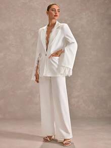 CLARA VERO Bộ vest ống rộng viền ren trắng: Áo blazer ôm dáng và quần cạp cao, hoàn hảo cho những ngày làm việc thanh lịch hoặc các sự kiện sang trọng, được làm từ chất liệu polyester cao cấp với điểm nhấn ren tinh tế và khuy cài hình trái tim. - trắng - Xem 6