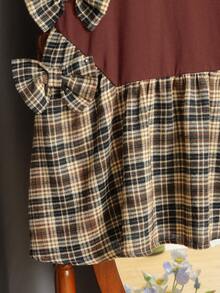SHEIN Tween Girl Loose Casual Minimalist Comfortable Round Neck Pullover Solid Color Patchwork Plaid Dress Tween Girl - Multicolor - View 3