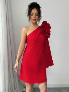 Elenzga Elegante vestido rojo con diseño floral 3D para fiestas navideñas, citas y cenas de mujeres - Rojo - Ver 6