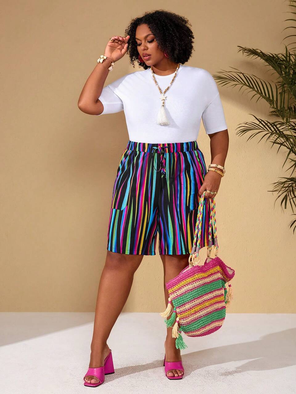 Plus Size Women's Multicolor Striped Drawstring Waist Knot Pocket Casual Traditional Loose Shorts Vacation Beach Going Out Summer Fashion 2026 Black