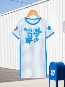 SHEIN Sparklyn Tween Girls' Casual Striped & Star Print Round Neck Short Sleeve Dress, Summer - Blue - View 1